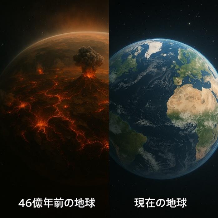 46億年前の地球の想像図と現在の地球の対比