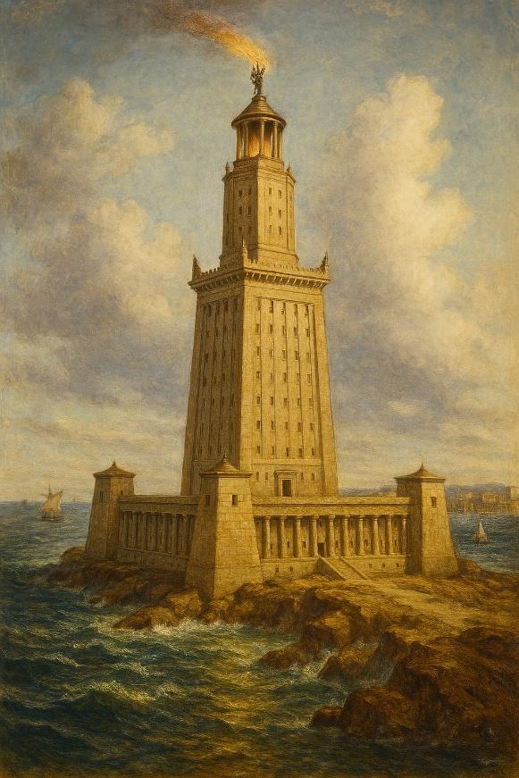 世界初の灯台と言われるファロス灯台(想像図)
(AIにて生成したイメージ)