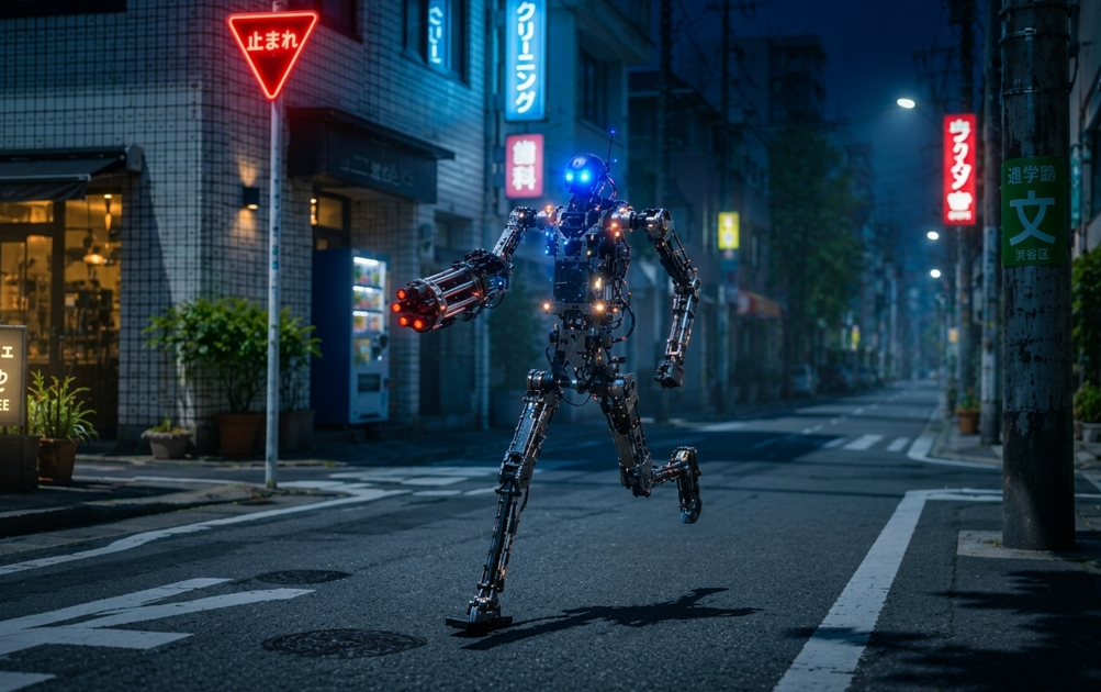 殺人ロボットに追われる悪夢（AI生成によるイメージ）